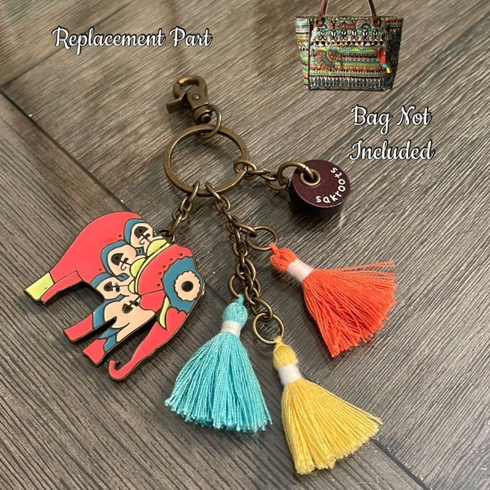 Sakroots Artist Circle Medium Satchel Bag Charm Elephant Key Chain Tassels